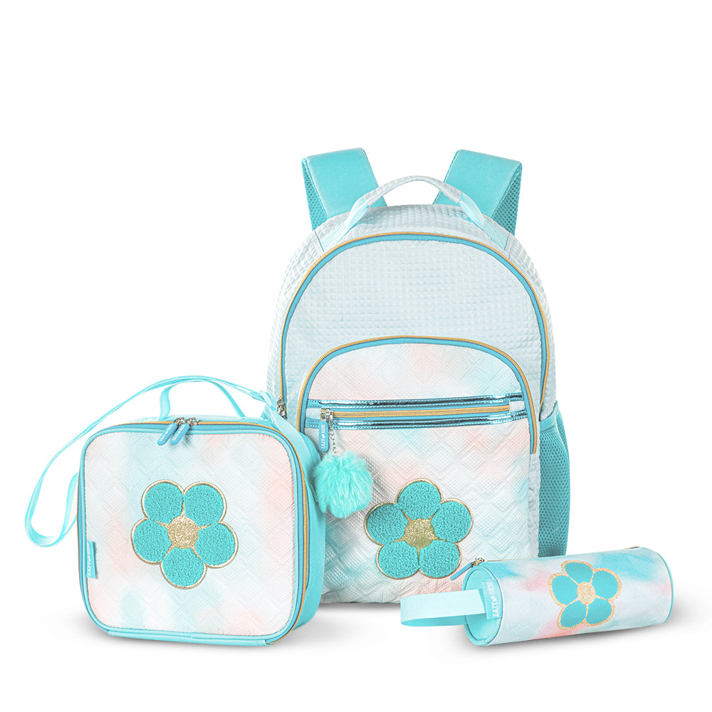 EAZY KIDS 18 inch Set of 6 Backpack w/ Water Bottle, Lunch Box, Lunch Bag and Pencil Case & BT Headset - Flora Green