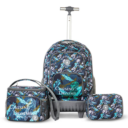 EAZY KIDS 18 inch Set of 5 Trolley Backpack w/ Water Bottle, Lunch Box, Lunch Bag and Pencil Case-T Rex