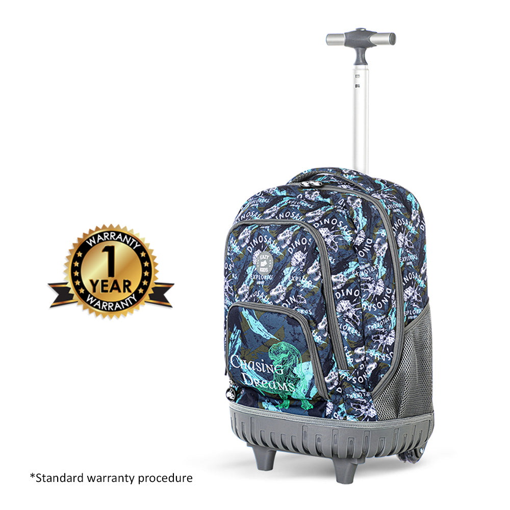 EAZY KIDS 18 inch Set of 5 Trolley Backpack w/ Water Bottle, Lunch Box, Lunch Bag and Pencil Case-T Rex