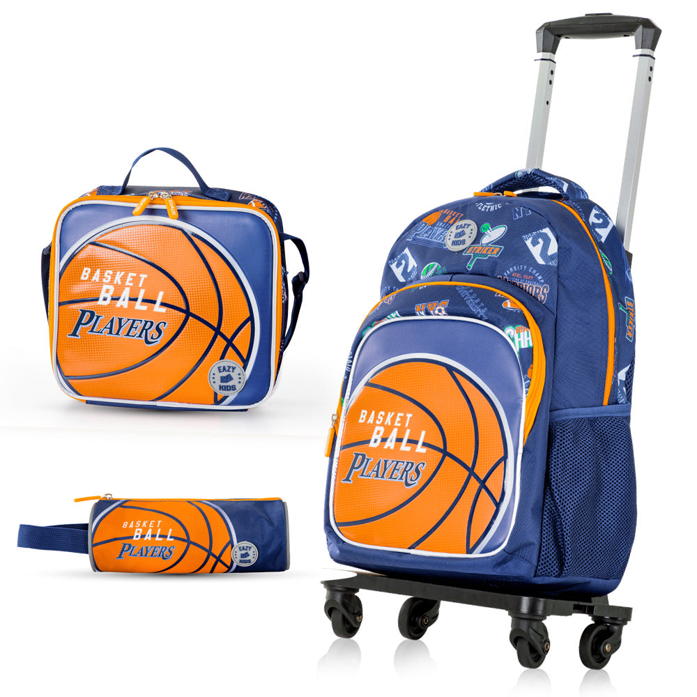 EAZY KIDS 18 inch Set of 4 Backpack w/4 Wheel Trolley, Lunch Bag and Pencil Case - Basket Ball
