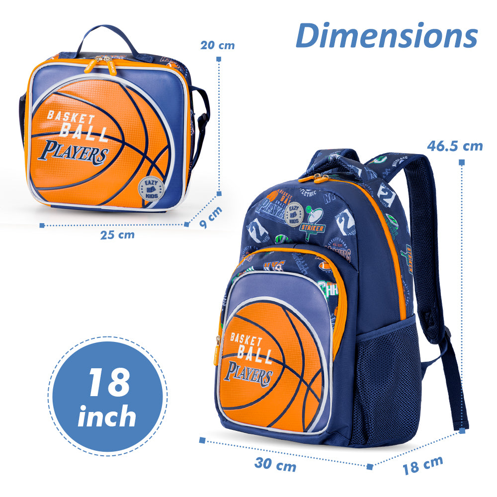EAZY KIDS 18 inch Set of 4 Backpack w/4 Wheel Trolley, Lunch Bag and Pencil Case - Basket Ball