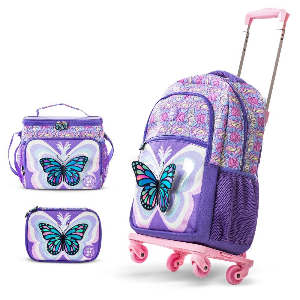 EAZY KIDS 18 inch Set of 4 Backpack w/4 Wheel Trolley, Lunch Bag and Pencil Case - 3D Butterfly Purple