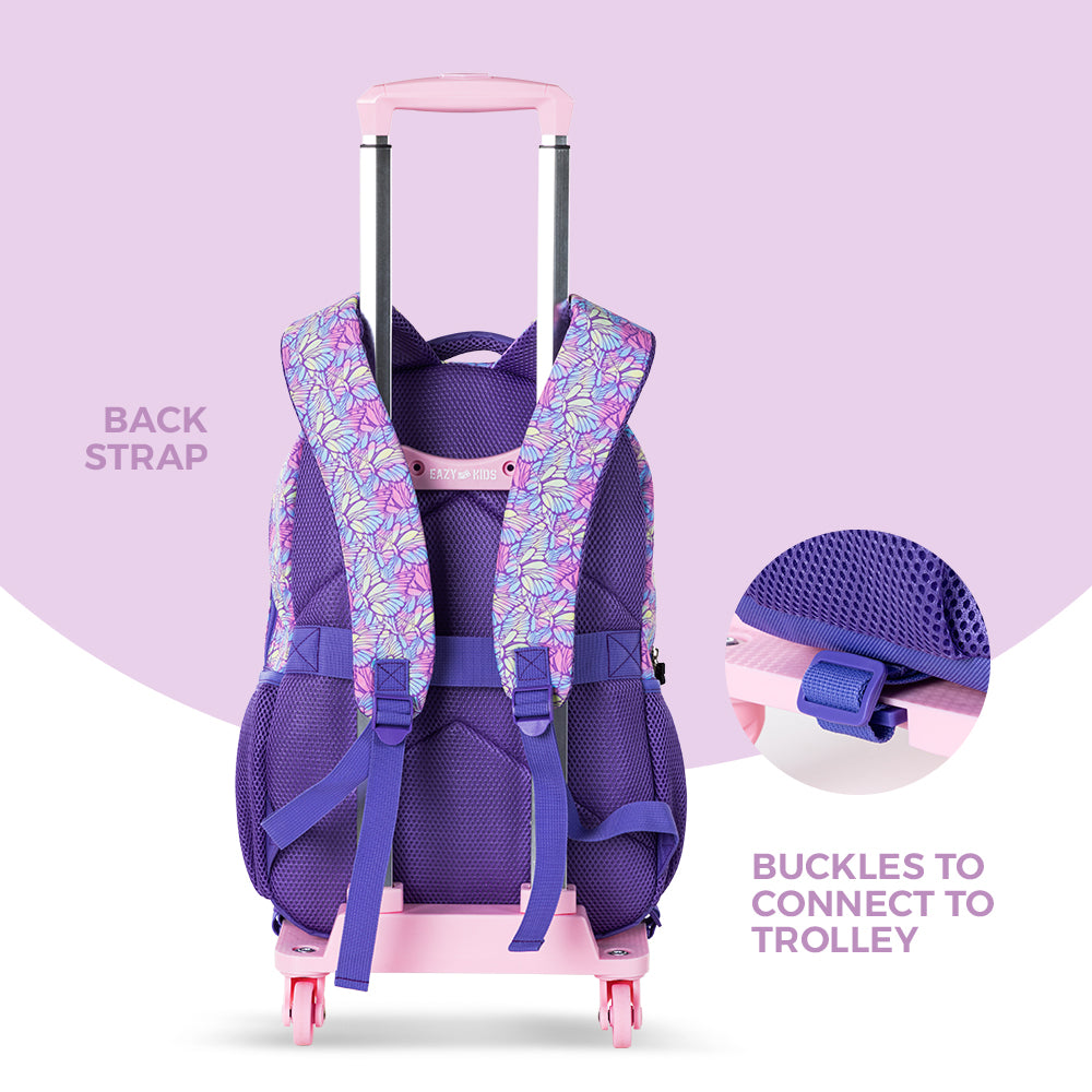 EAZY KIDS 18 inch Set of 4 Backpack w/4 Wheel Trolley, Lunch Bag and Pencil Case - 3D Butterfly Purple
