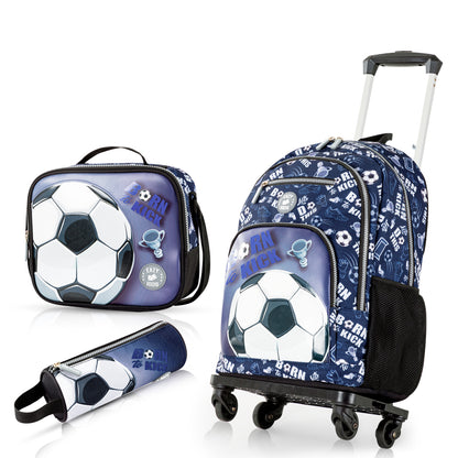 EAZY KIDS 18 inch Set of 4 Backpack w/4 Wheel Trolley, Lunch Bag and Pencil Case - Football