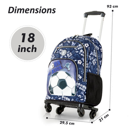 EAZY KIDS 18 inch Set of 4 Backpack w/4 Wheel Trolley, Lunch Bag and Pencil Case - Football