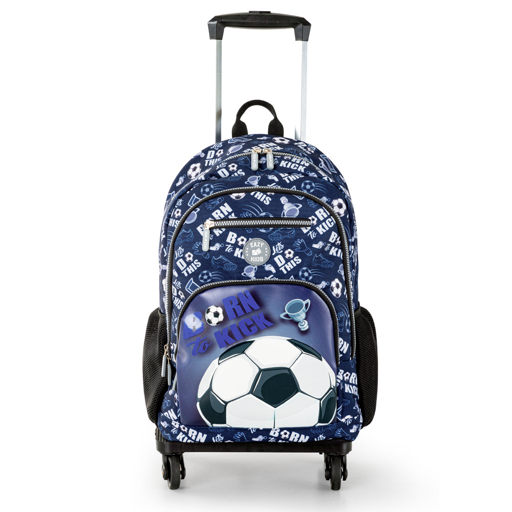 EAZY KIDS 18 inch Set of 4 Backpack w/4 Wheel Trolley, Lunch Bag and Pencil Case - Football