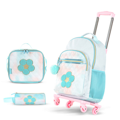 EAZY KIDS 18 inch Set of 4 Backpack w/4 Wheel Trolley, Lunch Bag and Pencil Case - Flora Green