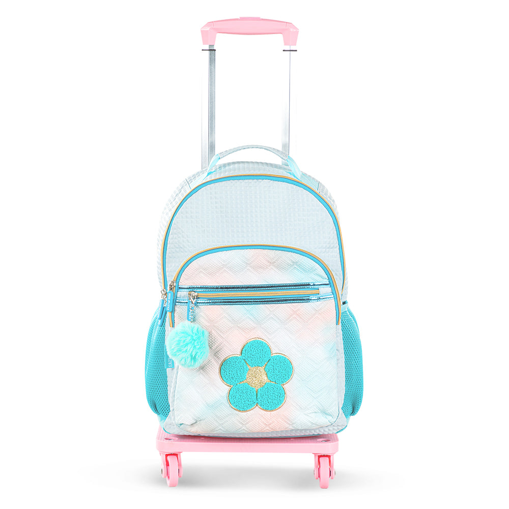 EAZY KIDS 18 inch Set of 4 Backpack w/4 Wheel Trolley, Lunch Bag and Pencil Case - Flora Green