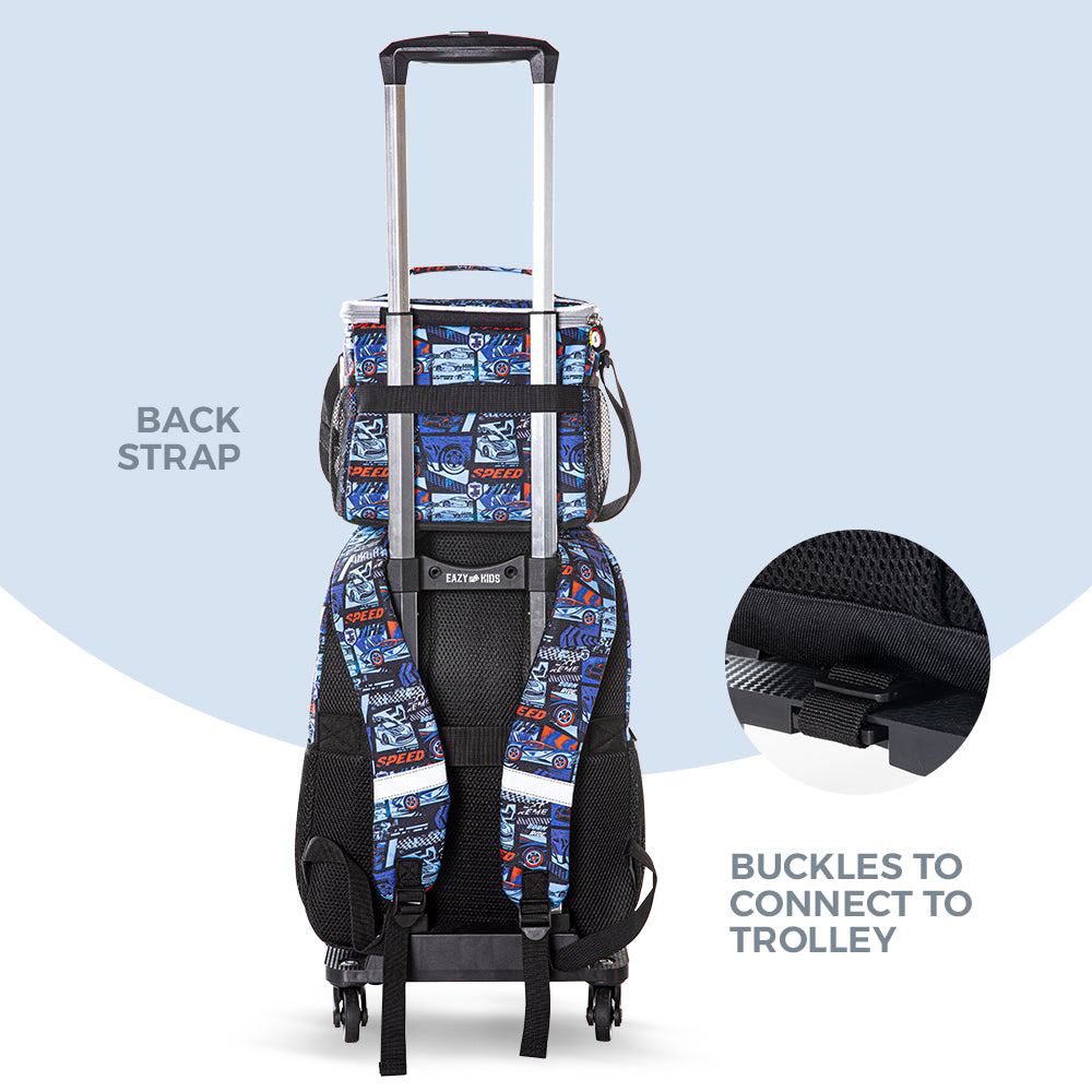EAZY KIDS 18 inch Set of 4 Backpack w/4 Wheel Trolley, Lunch Bag and Pencil Case - Car Racing