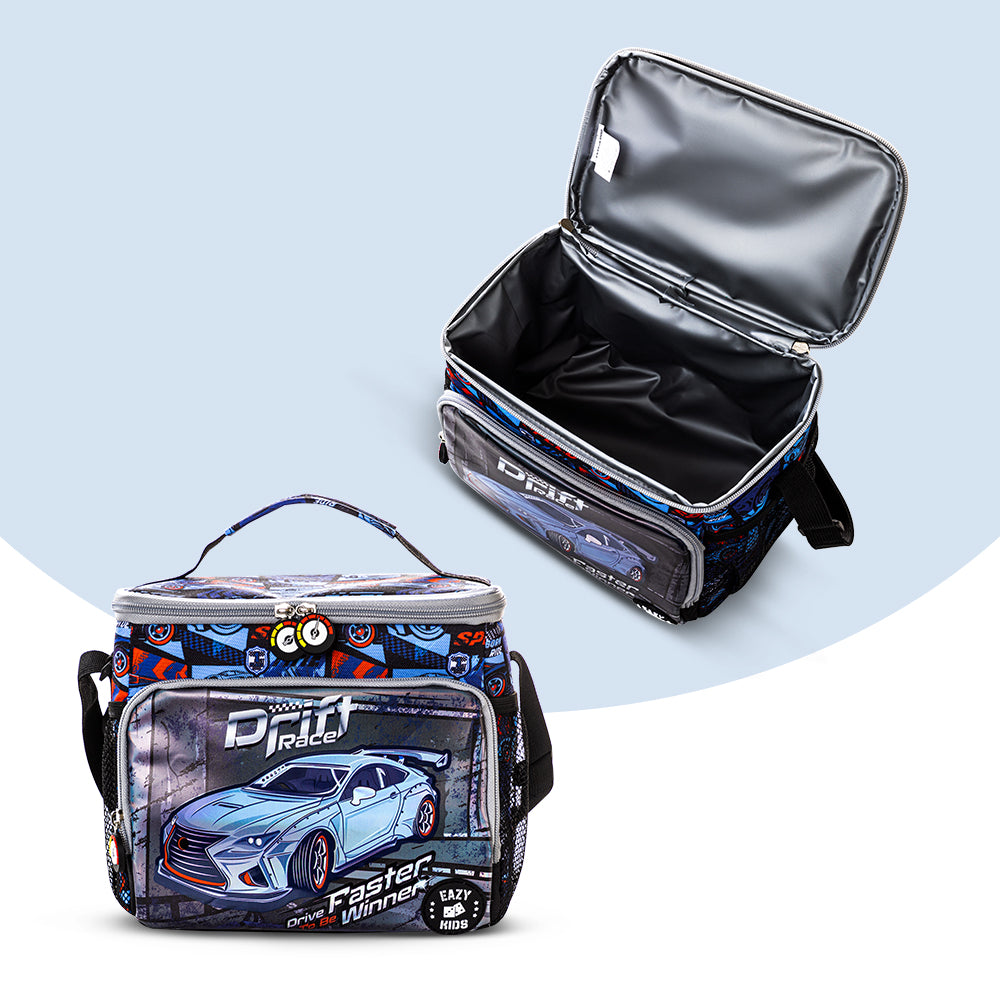 EAZY KIDS 18 inch Set of 4 Backpack w/4 Wheel Trolley, Lunch Bag and Pencil Case - Car Racing
