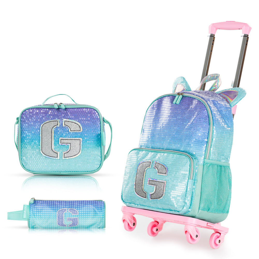 EAZY KIDS 17 inch Set of 4 Backpack w/4 Wheel Trolley, Lunch Bag and Pencil Case - Girl Glitter Green