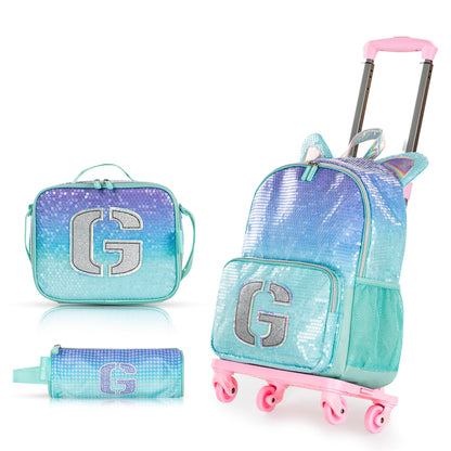 EAZY KIDS 17 inch Set of 4 Backpack w/4 Wheel Trolley, Lunch Bag and Pencil Case - Girl Glitter Green