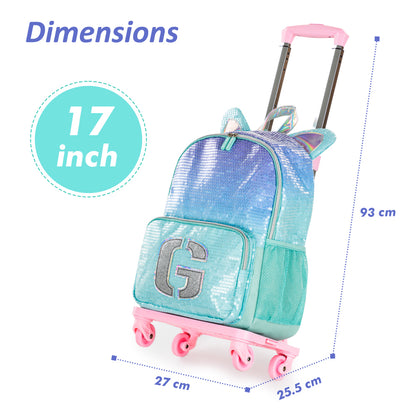 EAZY KIDS 17 inch Set of 4 Backpack w/4 Wheel Trolley, Lunch Bag and Pencil Case - Girl Glitter Green