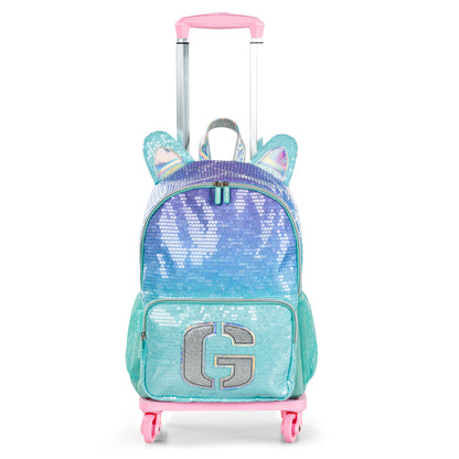 EAZY KIDS 17 inch Set of 4 Backpack w/4 Wheel Trolley, Lunch Bag and Pencil Case - Girl Glitter Green