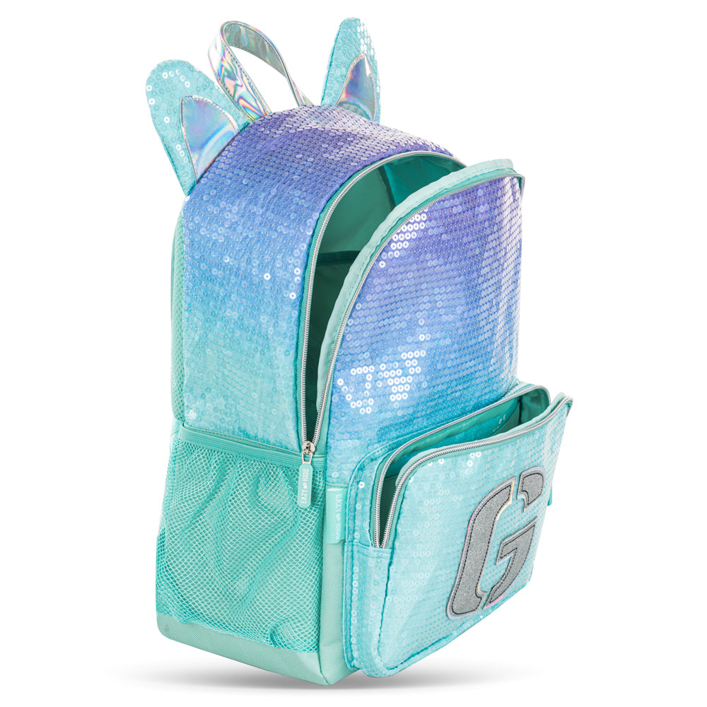 EAZY KIDS 17 inch Set of 4 Backpack w/4 Wheel Trolley, Lunch Bag and Pencil Case - Girl Glitter Green