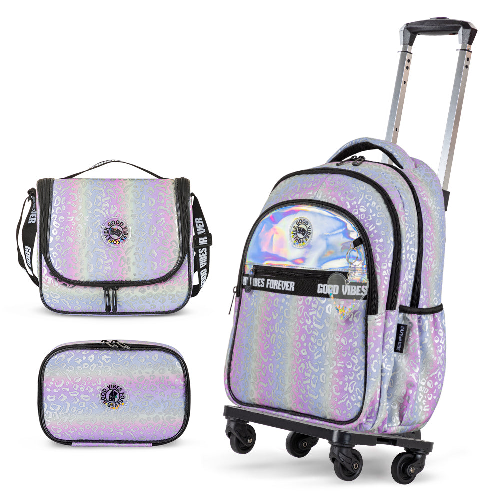 EAZY KIDS 17 inch School Bag Set of 4 w/4 Wheel Trolley, Lunch Bag and Pencil Case - Good Vibes - Silver