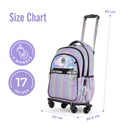 EAZY KIDS 17 inch School Bag Set of 4 w/4 Wheel Trolley, Lunch Bag and Pencil Case - Good Vibes - Silver