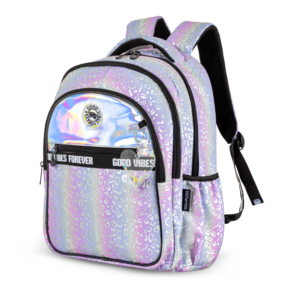 EAZY KIDS 17 inch School Bag Set of 4 w/4 Wheel Trolley, Lunch Bag and Pencil Case - Good Vibes - Silver