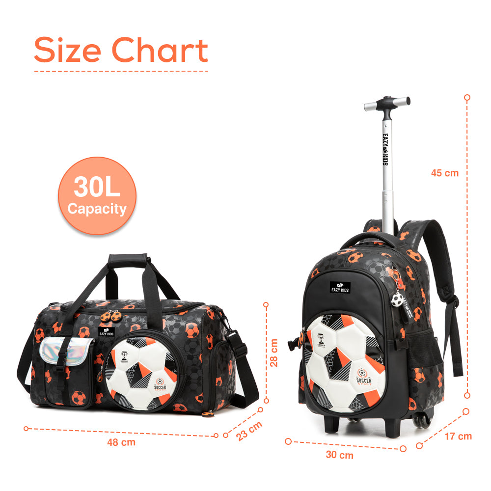 حقيبة مدرسية إيزي كيدز بعجلات مقاس 18 بوصة، مجموعة من 4 قطع مع حقيبة دافل وحقيبة غداء وحافظة أقلام - لون أسود لكرة القدم
