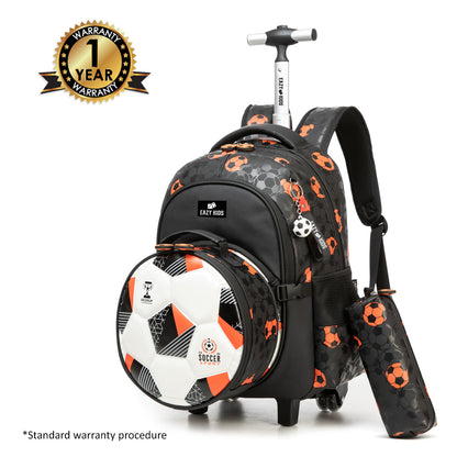 حقيبة مدرسية إيزي كيدز بعجلات مقاس 18 بوصة، مجموعة من 4 قطع مع حقيبة دافل وحقيبة غداء وحافظة أقلام - لون أسود لكرة القدم