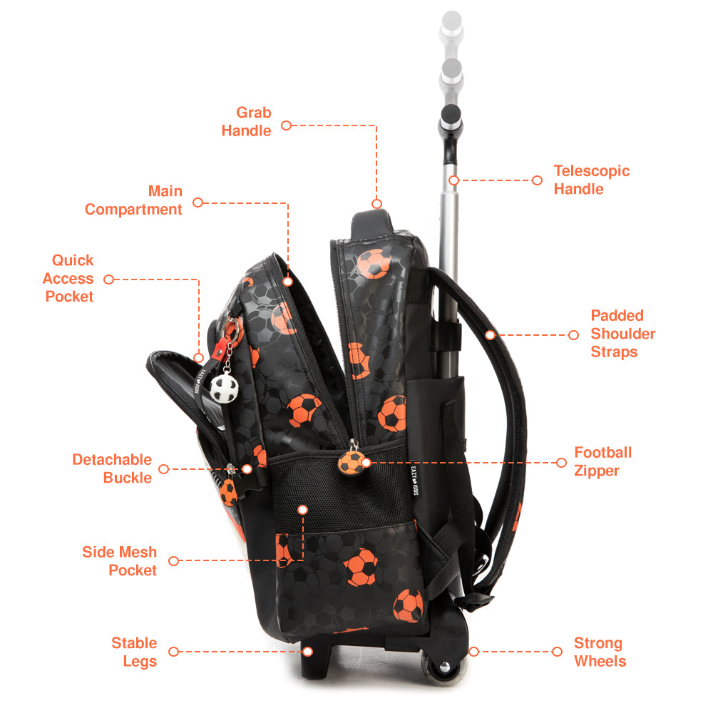 EAZY KIDS Trolley 18 inch School Bag Set of 4 w/ Duffle bag, Lunch Bag and Pencil Case - Football Black