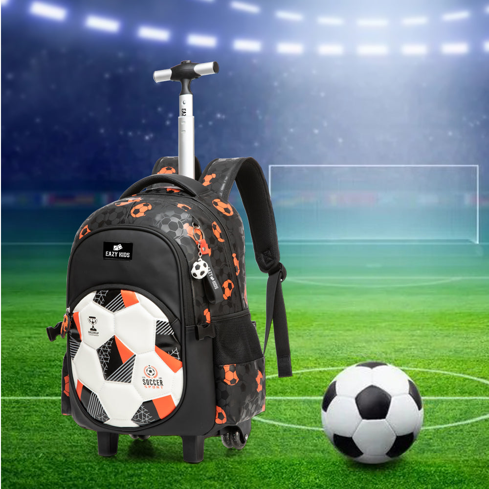 حقيبة مدرسية إيزي كيدز بعجلات مقاس 18 بوصة، مجموعة من 4 قطع مع حقيبة دافل وحقيبة غداء وحافظة أقلام - لون أسود لكرة القدم
