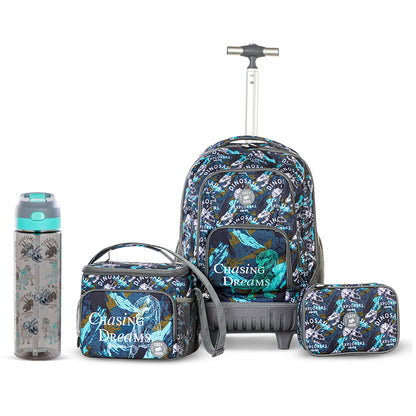 EAZY KIDS 18 inch Set of 4 Trolley Backpack w/ Water Bottle, Lunch Bag and Pencil Case-T Rex