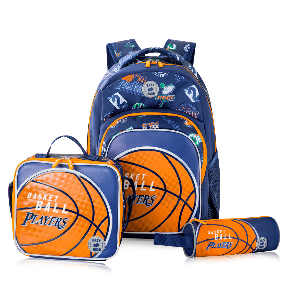 EAZY KIDS 18" Set of 4 Backpack w/ Water Bottle, Lunch Bag and Pencil Case - Basket Ball