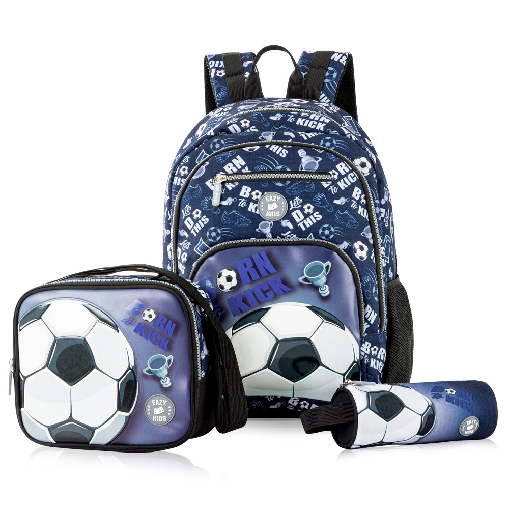 EAZY KIDS 18 inch Set of 4 Backpack w/ Water Bottle, Lunch Bag and Pencil Case - Football