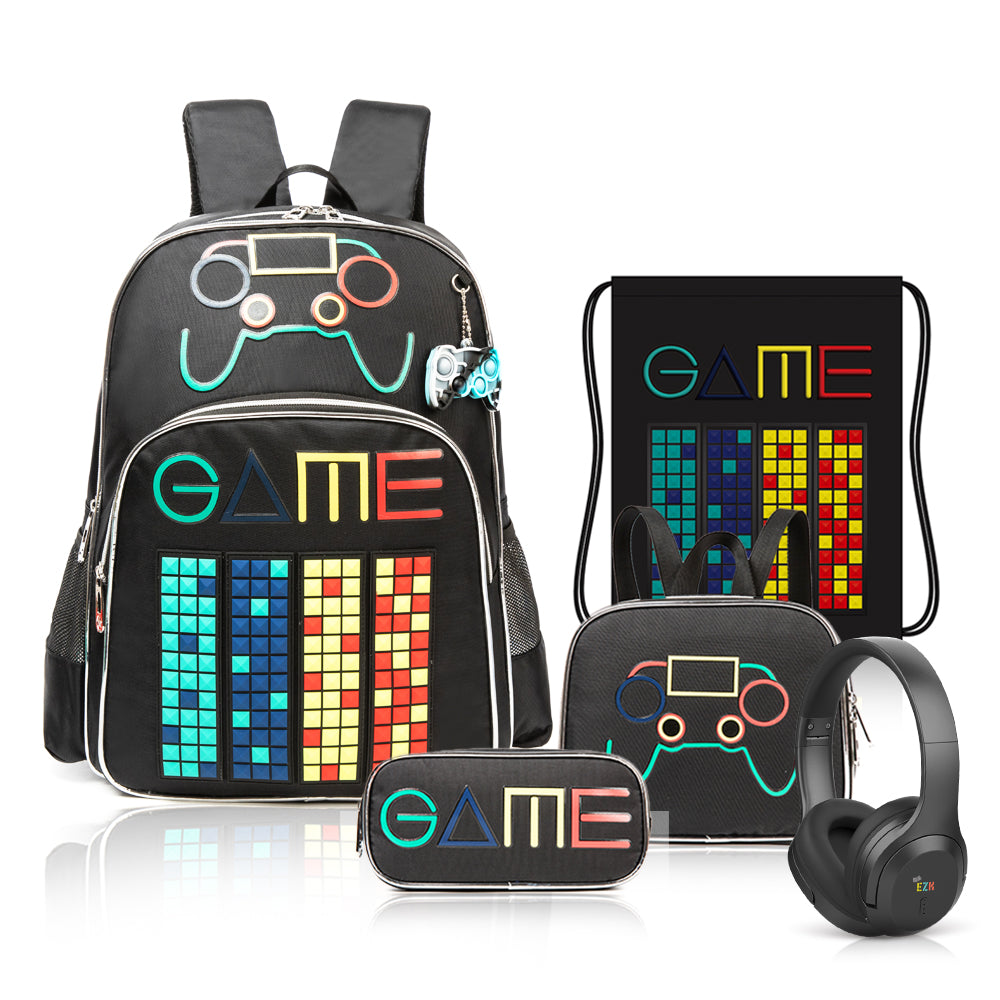 EAZY KIDS 17Inch Set of 5 School Bag with BT Headset, Lunch Bag, Activity Bag and Pencil Case Gen Z Gamer - Black