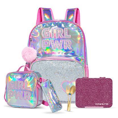 EAZY KIDS - 18 inch School Bag, Glitter Bento Box, Lunch Bag, Pencil Case, Set of 4 - Girl Power Pink
