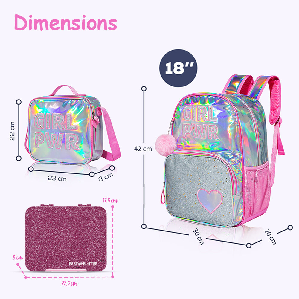 EAZY KIDS - 18 inch School Bag, Glitter Bento Box, Lunch Bag, Pencil Case, Set of 4 - Girl Power Pink