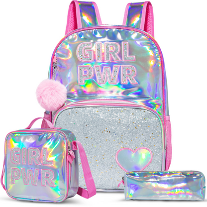 EAZY KIDS - 18 inch School Bag, Glitter Bento Box, Lunch Bag, Pencil Case, Set of 4 - Girl Power Pink