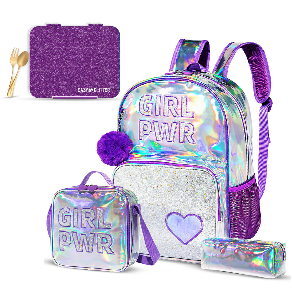 EAZY KIDS - 18 inch School Bag, Glitter Bento Box, Lunch Bag, Pencil Case, Set of 4 - Girl Power Purple