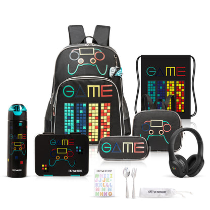 EAZY KIDS 17Inch Set of 7 School Bag w/ Water Bottle, Lunch Box, Lunch Bag, Activity Bag and Pencil Case & BT Headset Gen Z Gamer - Black