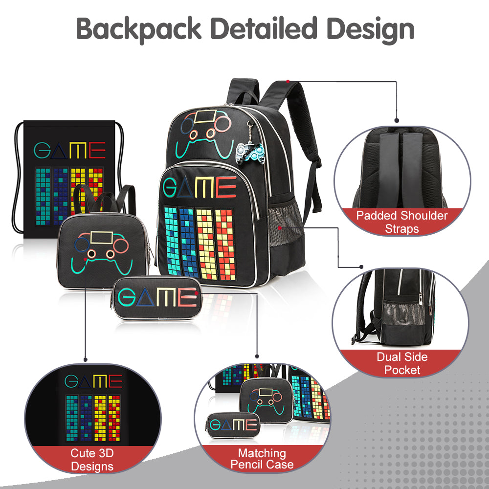 EAZY KIDS 17Inch Set of 7 School Bag w/ Water Bottle, Lunch Box, Lunch Bag, Activity Bag and Pencil Case & BT Headset Gen Z Gamer - Black