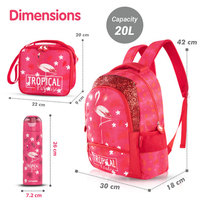EAZY KIDS 17Inch Set of 4 School Bag with Stainless Steel 640ml Water Bottle, Lunch Bag and Pencil Case - Tropical Pink