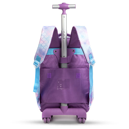EAZY KIDS 18Inch Set of 4 Trolley School Bag with Bento Lunch Box, Lunch Bag and Pencil Case - Mermaid Purple