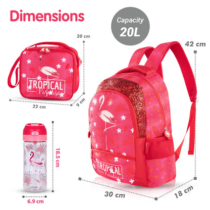 EAZY KIDS 17Inch Set of 4 School Bag with Tritan 420ml Water Bottle, Lunch Bag and Pencil Case - Tropical Pink