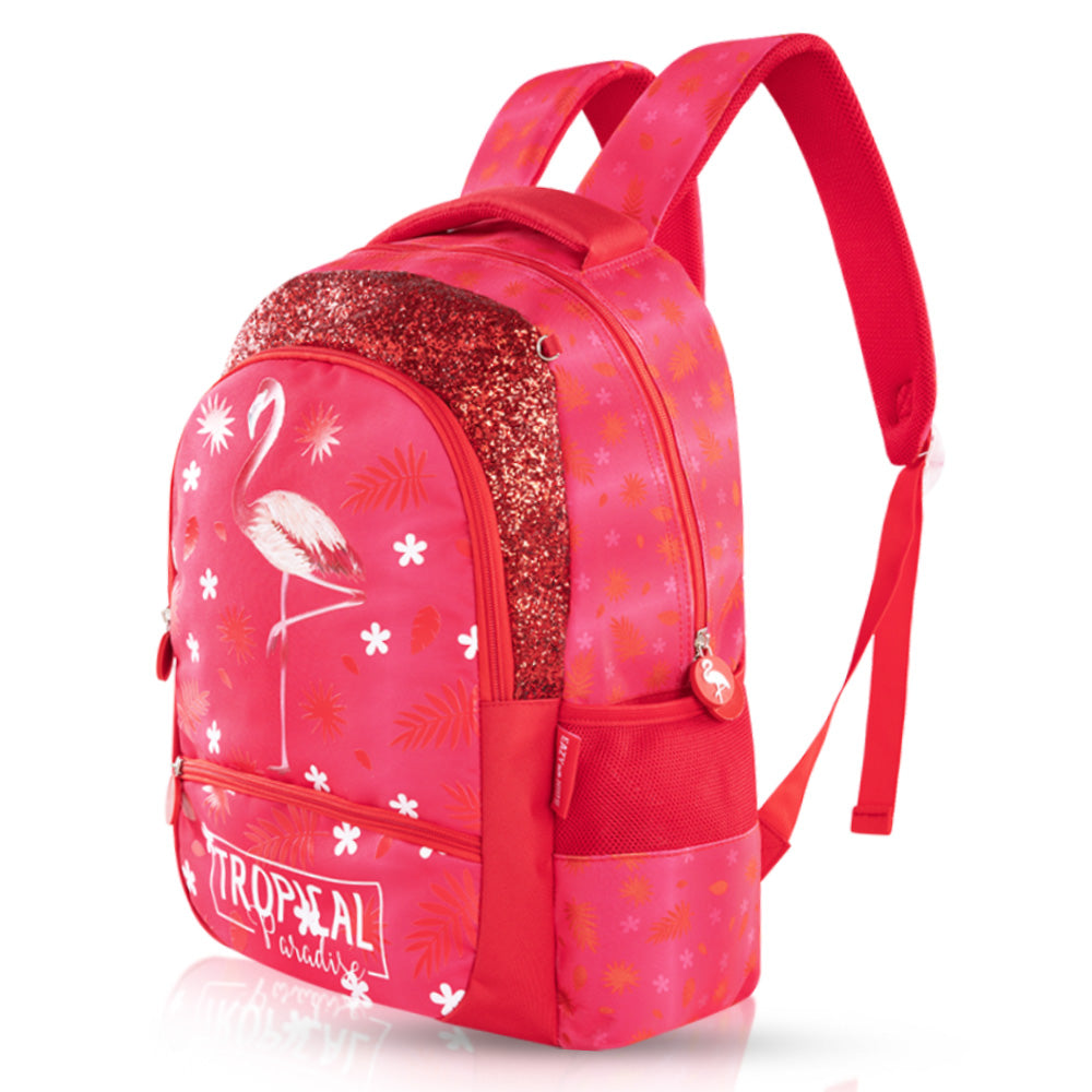 EAZY KIDS 17Inch Set of 4 School Bag with Tritan 420ml Water Bottle, Lunch Bag and Pencil Case - Tropical Pink