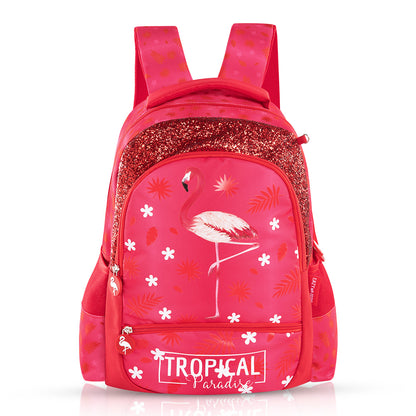 EAZY KIDS 17Inch Set of 4 School Bag with Tritan 420ml Water Bottle, Lunch Bag and Pencil Case - Tropical Pink