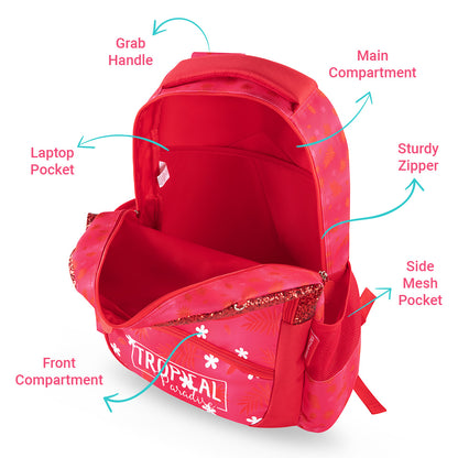 EAZY KIDS 17Inch Set of 4 School Bag with Tritan 420ml Water Bottle, Lunch Bag and Pencil Case - Tropical Pink