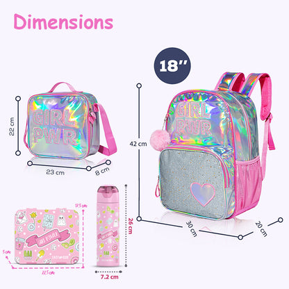 EAZY KIDS - 18 inch School Bag, Bento Box, Stainless Steel 640ml Water Bottle, Lunch Bag, Pencil Case, Set of 5 - Girl Power Pink