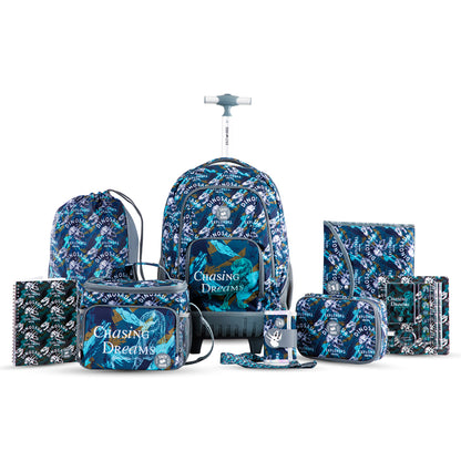 EAZY KIDS 18 inch Set of 8 Trolley Backpack w/Lunch Bag and Pencil Case-T Rex