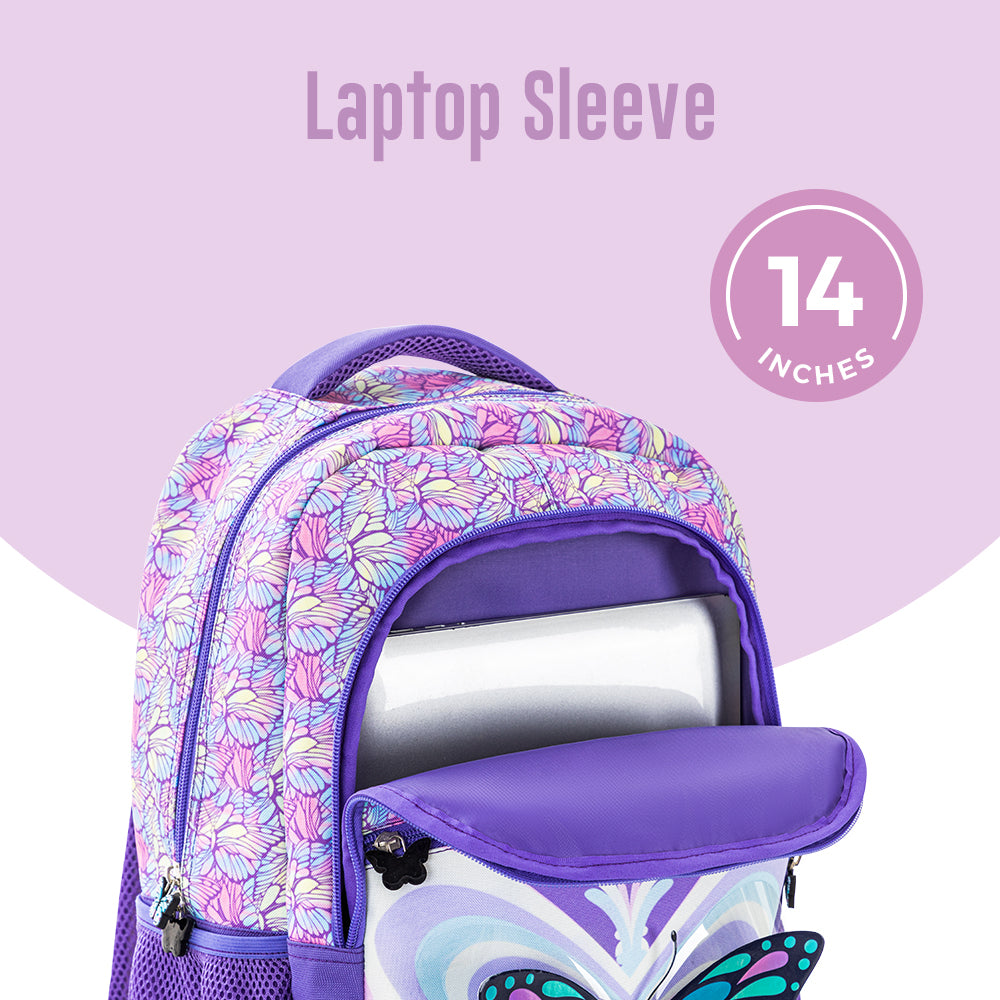 EAZY KIDS 18 inch Set of 9 Backpack w/4 Wheel Trolley, Lunch Bag and Pencil Case - 3D Butterfly Purple