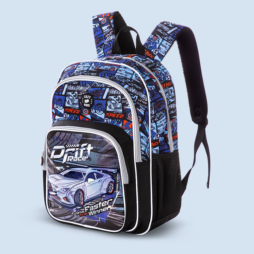 EAZY KIDS 18 inch Set of 9 Backpack w/4 Wheel Trolley, Lunch Bag and Pencil Case - Car Racing