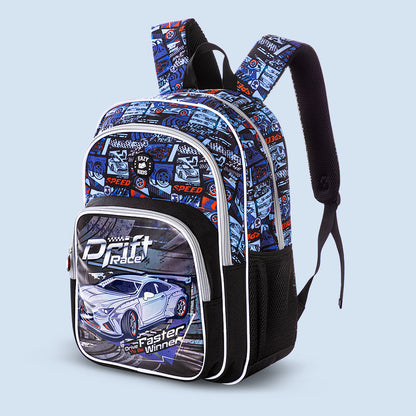EAZY KIDS 18 inch Set of 9 Backpack w/4 Wheel Trolley, Lunch Bag and Pencil Case - Car Racing