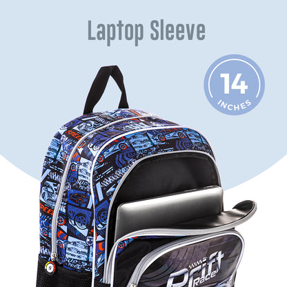 EAZY KIDS 18 inch Set of 9 Backpack w/4 Wheel Trolley, Lunch Bag and Pencil Case - Car Racing