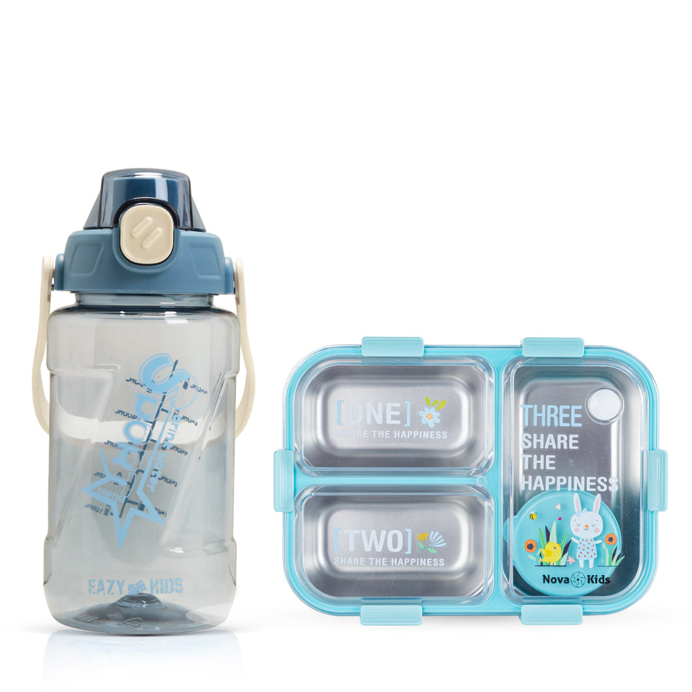 NOVA KIDS Stainless Steel 3 Compartment Bento Lunch Box w/ Water Bottle, Spoon & Fork Set - Blue
