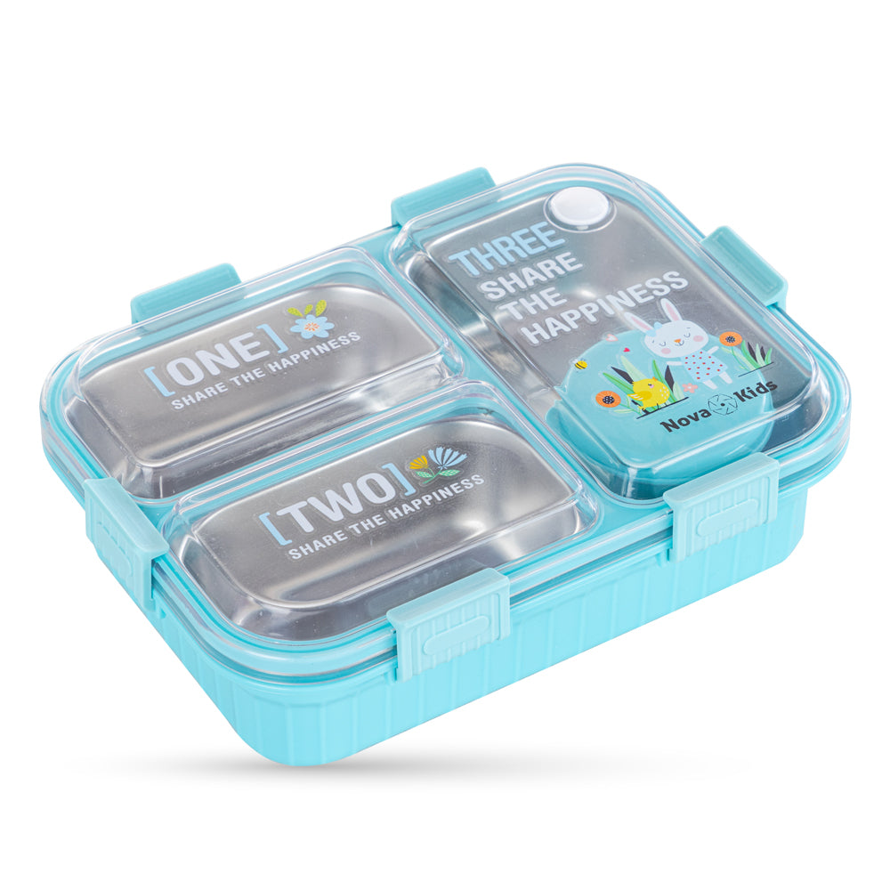 NOVA KIDS Stainless Steel 3 Compartment Bento Lunch Box w/ Water Bottle, Spoon & Fork Set - Blue